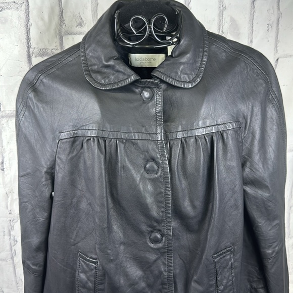 Liz Claiborne Black Lamb Leather Jacket Cropped Snap Front Peter Pan Collar - Picture 2 of 12